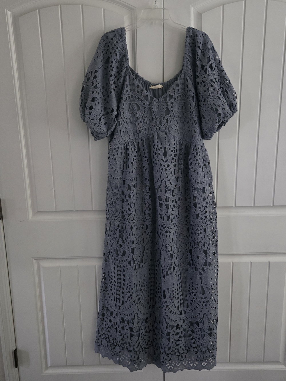 Eyelet Lace Maxi Dress Blue Puff Sleeve Cottagecore Boho 2x